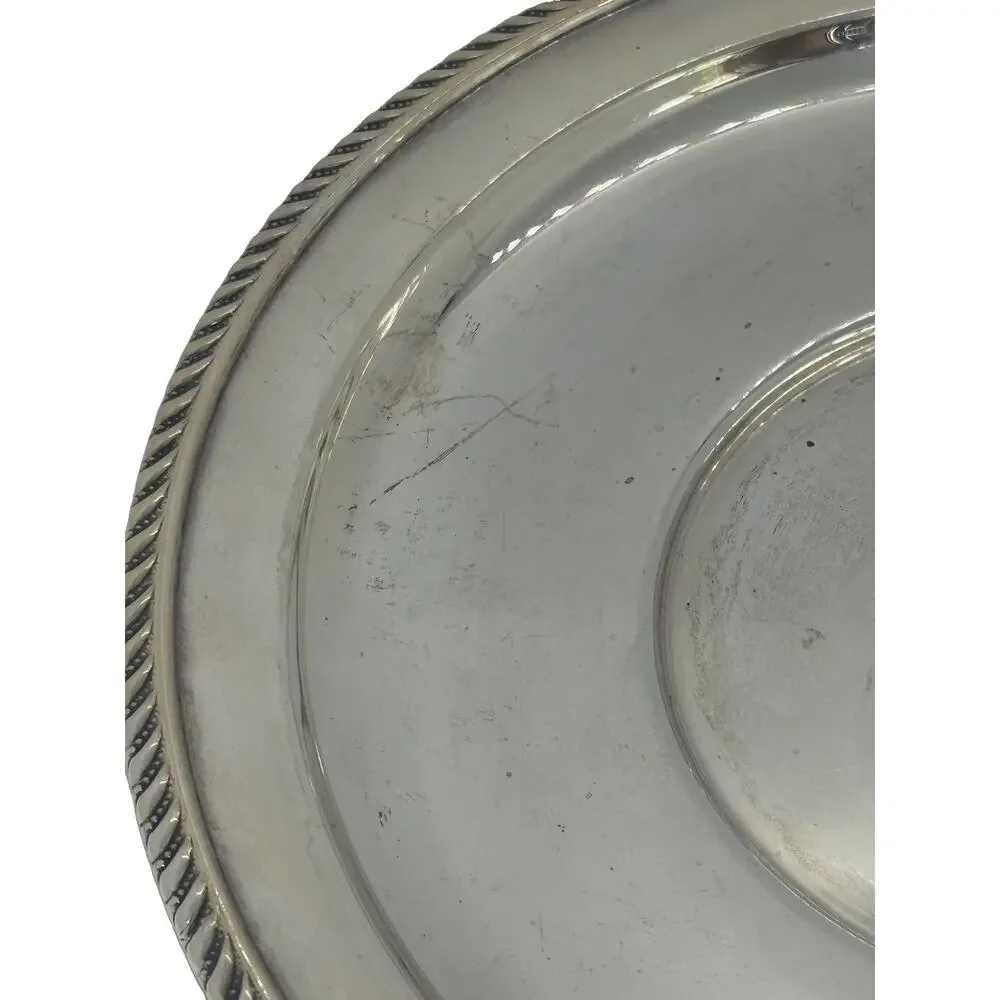 Mid 20th Century 9.5” Round Silver-Plated Serving Tray Platter Rope-Style Border